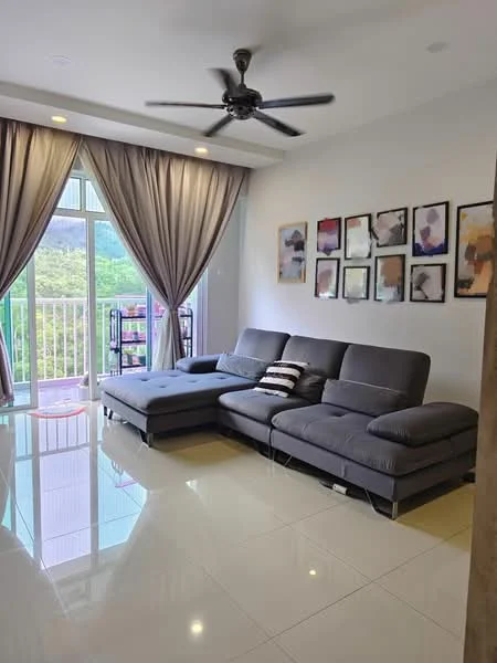 Living features: 3-seater fabric sofa in grey, ceiling fan, large floor-to-ceiling windows, sheer curtains, sliding glass door, white painted walls, glossy ceramic tile flooring, decorative wall art, coffee table, area rug; style: modern; view: garden.