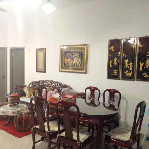 Dining features: wooden dining table with glass top, 8 wooden dining chairs with upholstered seats, decorative wall art with gold accents, white painted walls, ceiling fan, marble tile flooring, round coffee table with decorative cloth, framed artwork on the wall; style: traditional.