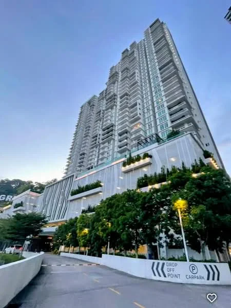 Exterior type: high-rise condominium; features: glass curtain wall, white painted facade, recessed balconies, landscaped terraces, multiple storeys, outdoor lighting, drop-off point, car park entrance, surrounded by greenery; style: modern.