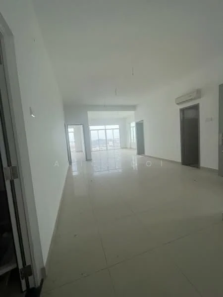 Room features: white painted walls, polished tile flooring, large windows with city view, sliding glass door, ceiling lights, 1 wall-mounted split AC, open layout, neutral color scheme; style: modern; view: city.