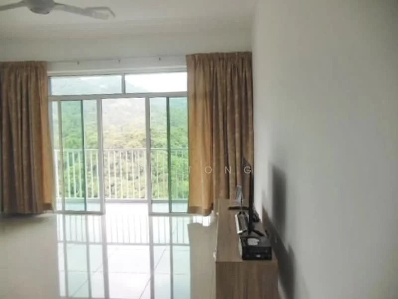 Living features: floor-to-ceiling windows, sliding glass door, curtains in beige, polished tile flooring, ceiling fan, TV console, mount for TV, balcony view, mountain view; view: mountain.