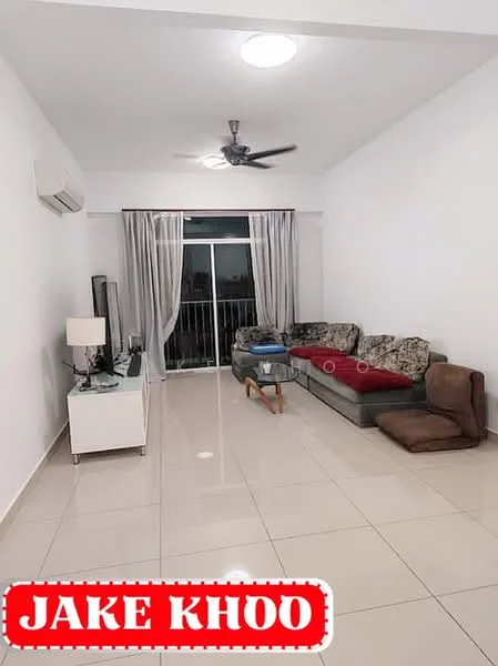 Living features: cream painted walls, glossy tile flooring, 5-blade ceiling fan with light, sofa with patterned upholstery, coffee table, TV console, wall-mounted TV, floor-to-ceiling sliding glass door, sheer curtains, area rug; style: modern.