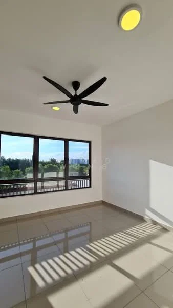 Room features: large windows, white painted walls, ceiling fan, recessed LED downlights, glossy tile flooring, natural light from windows, window treatments, view of greenery; style: modern; view: garden.