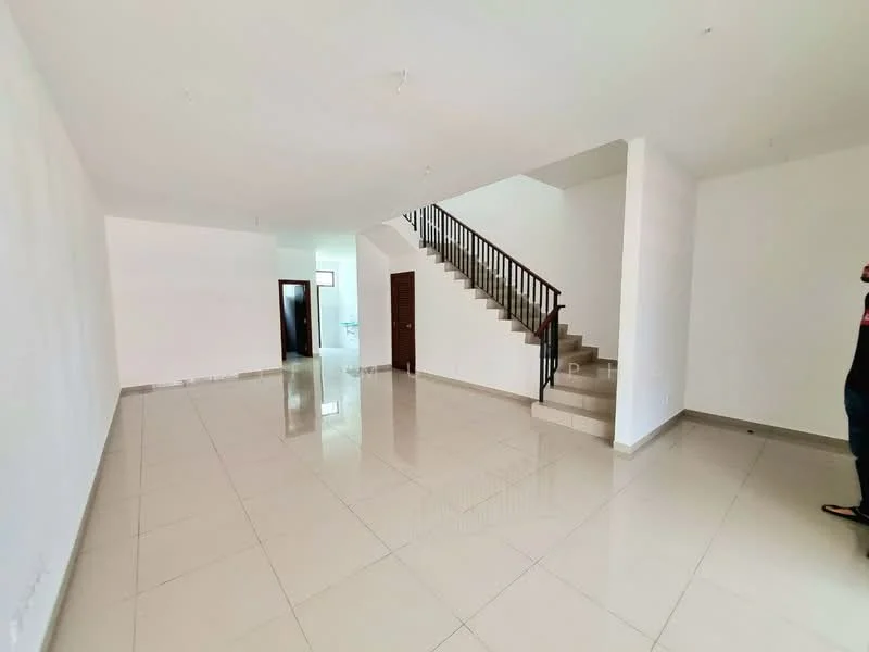 Living features: white painted walls, glossy ceramic tile flooring, staircase with wooden railing, large windows for natural light, open layout, no visible furniture, neutral color scheme, high ceiling; style: modern. Room features: white painted walls, glossy ceramic tile flooring, doorway leading to another room.