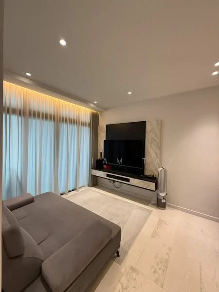 Living features: grey fabric sectional sofa, wall-mounted flat-screen TV, light-colored media console, marble feature wall, recessed LED downlights, floor-to-ceiling windows with sheer curtains, light-colored flooring, area rug; style: modern.