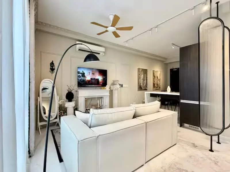 Living features: 3-seater fabric sofa in white, floor lamp with arching arm, wall-mounted TV, marble flooring, 5-blade ceiling fan with light, decorative wall art, white painted walls, built-in cabinetry, open-plan layout to dining area; style: modern.