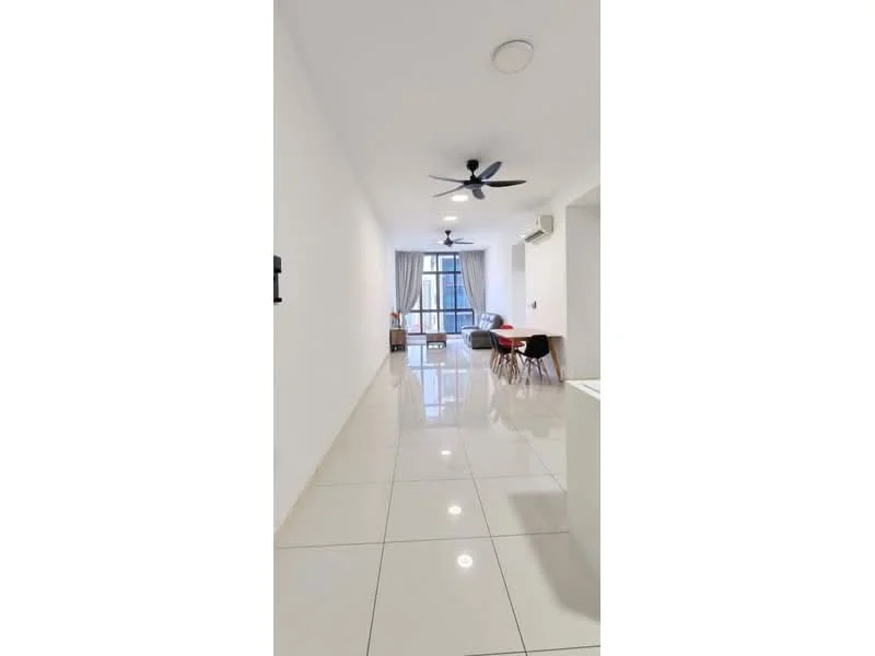 Living features: white painted walls, glossy tile flooring, 2 ceiling fans, large window with sheer curtains, dining table with chairs, sofa, air conditioning unit, recessed downlights; style: modern; view: city.