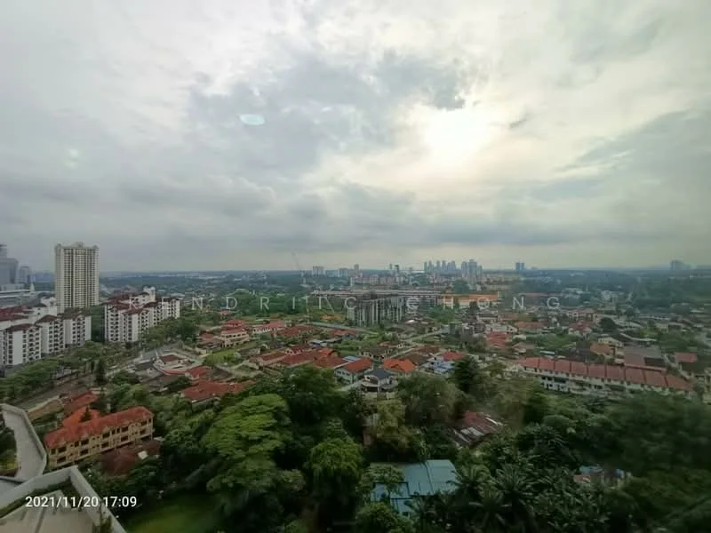 Exterior type: high-rise condominium; features: city skyline view, surrounded by greenery, residential buildings, urban landscape, cloudy sky, varied roof types, manicured gardens; style: modern.