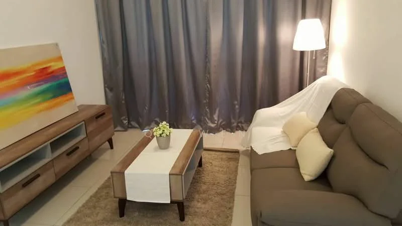 Living features: 3-seater fabric sofa in grey, white throw blanket on sofa, wooden coffee table with light wood finish, decorative vase with flowers on coffee table, TV console with wooden finish, framed artwork with abstract design, floor lamp with soft light, curtains in grey fabric, area rug with neutral color, wall with white painted surface, tile flooring; style: modern.