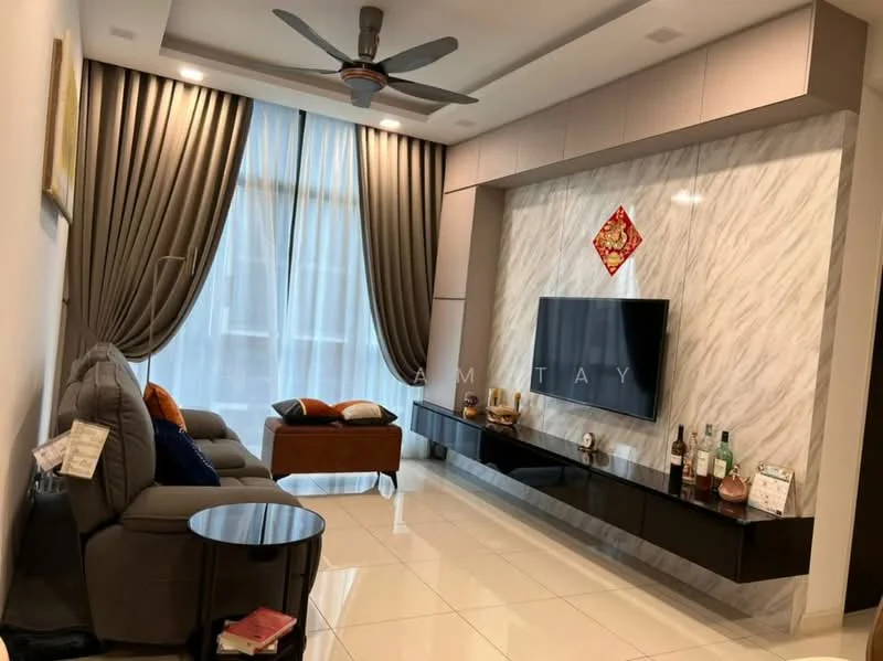 Living features: grey fabric sofa, brown leather ottoman, black wall-mounted TV unit, white marble feature wall, floor-to-ceiling windows, sheer curtains, dark wood coffee table, recessed downlights, 5-blade ceiling fan with light, decorative wall art; style: modern.