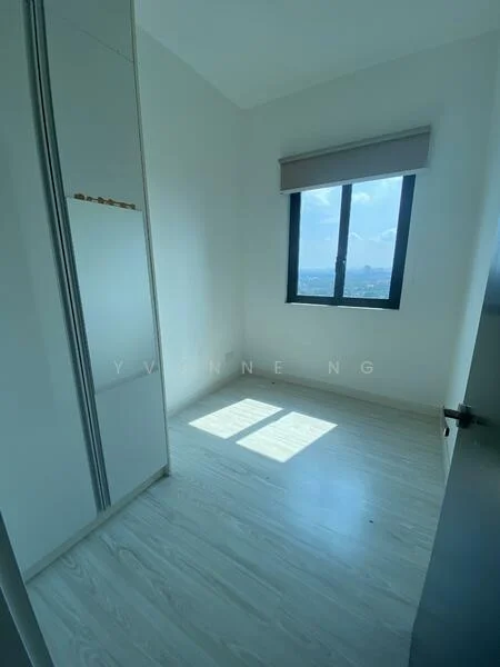 Room features: white painted walls, light wood laminate flooring, floor-to-ceiling window, roller blinds, built-in wardrobe with sliding doors, natural light from window, city view from window; style: modern; view: city.