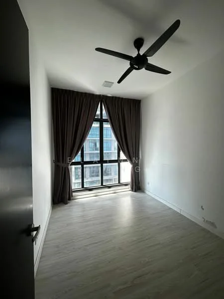 Bedroom features: white painted walls, light wood flooring, floor-to-ceiling windows, blackout curtains, 5-blade ceiling fan, window with city view; style: modern; view: city.