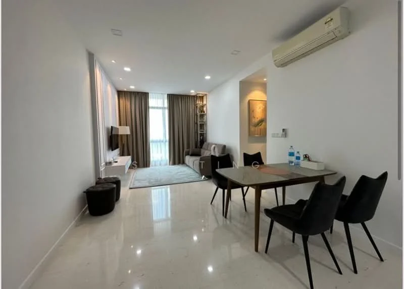Living features: white painted walls, polished marble flooring, recessed downlights, floor-to-ceiling windows, sheer curtains, wall-mounted TV, entertainment unit, 3-seater fabric sofa in grey, coffee table, dining table with 4 black chairs, decorative artwork, air conditioning unit; style: modern; view: city.