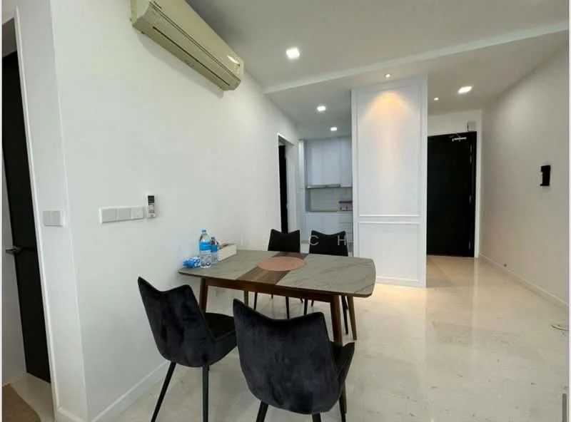 Dining features: 4-seater dining table, black upholstered dining chairs, white walls, recessed downlights, wall-mounted intercom, air conditioning unit, tile flooring, decorative wall paneling; style: modern. Room features: black door, white cabinetry, kitchen area visible in background.