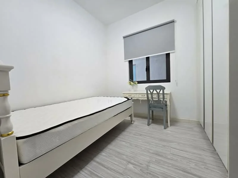 Bedroom features: single bed frame without mattress, grey laminate flooring, white painted walls, window with grey roller blinds, built-in wardrobe with sliding doors, desk with chair, decorative flower vase on desk; style: modern.