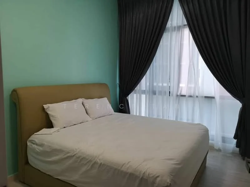 Bedroom features: king-size bed, upholstered headboard, white bedding, floor-to-ceiling windows, sheer curtains, blackout curtains, light blue painted walls, laminate flooring; style: modern.