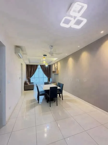 Dining features: white painted walls, grey accent wall, polished ceramic tile flooring, 5-blade ceiling fan with light, recessed LED downlights, dining table for 6, black upholstered dining chairs, floor-to-ceiling windows with sheer curtains, sofa in living area visible in background; style: modern; view: city.