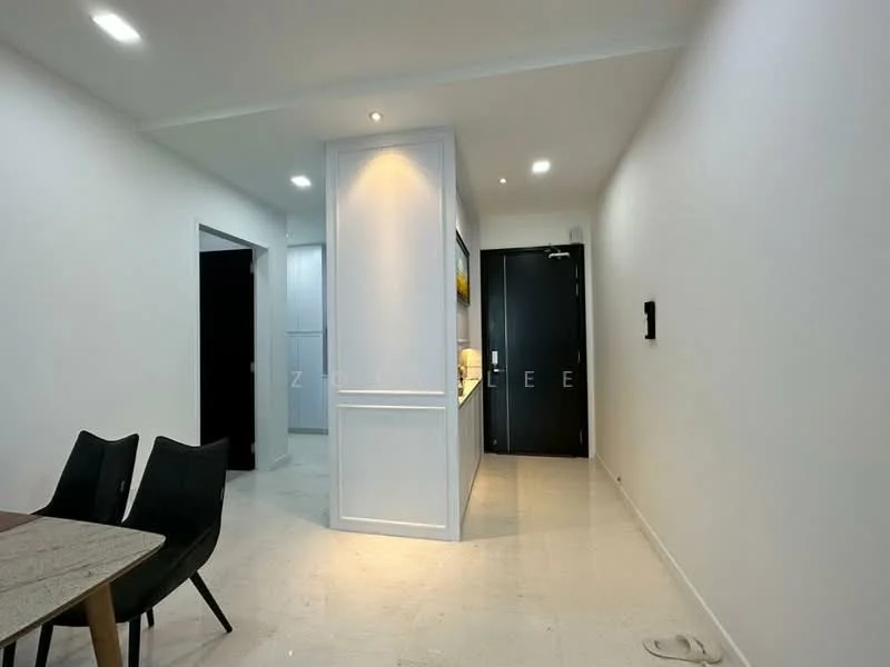 Room features: white painted walls, marble tile flooring, recessed downlights, modern cabinetry, kitchen island, black door, open layout, dining table with chairs; style: modern.