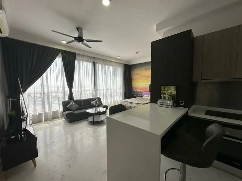 Living features: 3-seater fabric sofa in grey, coffee table with glass top, floor-to-ceiling windows with sheer curtains, city view, ceiling fan with integrated LED light, marble flooring, decorative wall with sunset mural, wall-mounted TV, area rug with geometric pattern; style: modern; view: city. Kitchen features: white quartz countertop, stainless-steel sink, built-in oven, freestanding range oven, kitchen cabinetry in dark wood, bar stools, open layout to living area; style: modern.