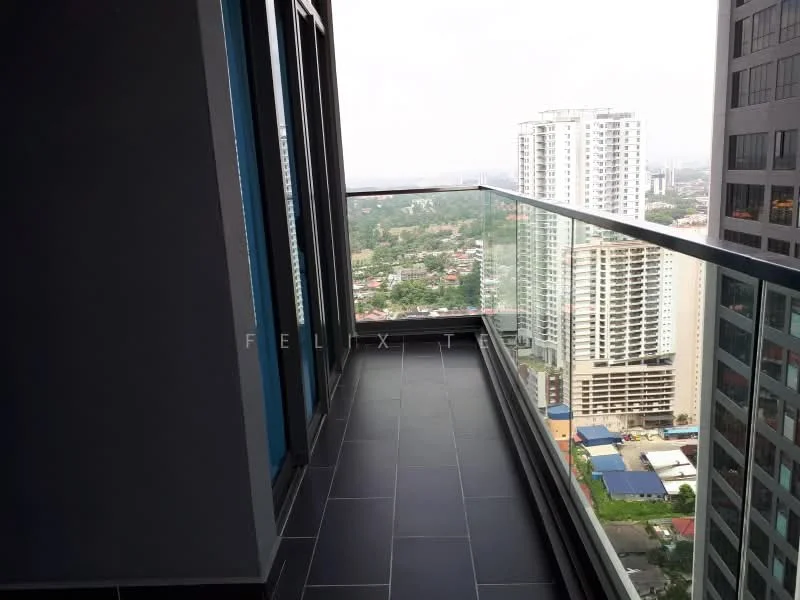 Room features: glass railing, grey tiled flooring, city skyline view, high-rise building, balcony attached to living space; style: modern; view: city.