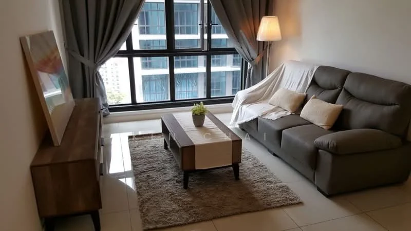 Living features: grey leather sofa, coffee table with light wood top, area rug with neutral color, floor-to-ceiling windows, curtains in grey, side lamp, decorative plant on table, TV console in wood finish; style: modern; view: city.