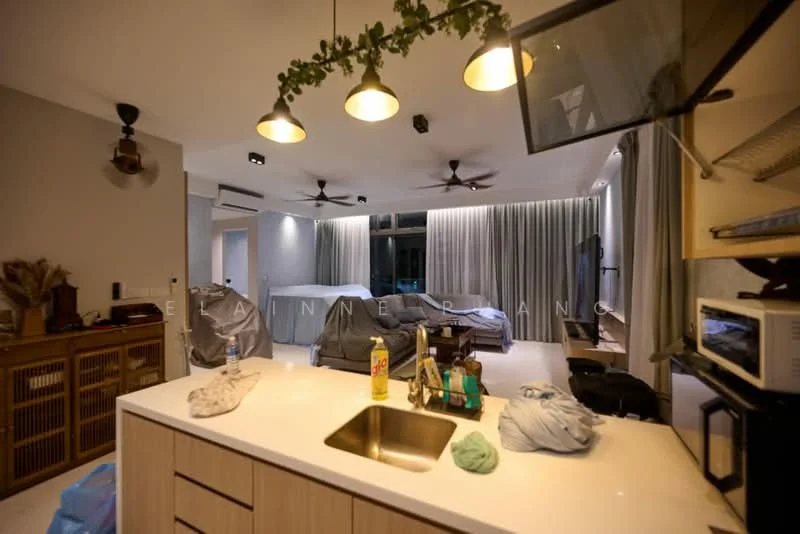 Living features: white painted walls, polished concrete flooring, 5-blade ceiling fan with light, 2 ceiling fans, floor-to-ceiling windows, sheer curtains, sofa, coffee table, TV console, kitchen island with sink, stainless-steel sink, microwave, decorative plant, area rug; style: modern. Kitchen features: kitchen island, stainless-steel sink, microwave, wood cabinetry, countertop, open shelving; style: modern.