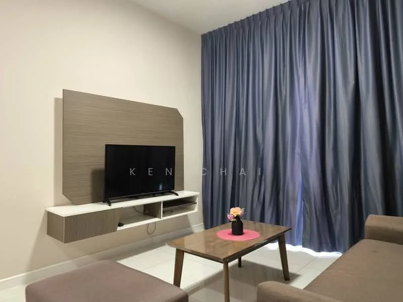Living features: light grey walls, white tiled flooring, floor-to-ceiling curtains in blue, wall-mounted TV, wooden TV console, coffee table with pink mat, two-seater sofa in light brown, decorative flower vase; style: modern.