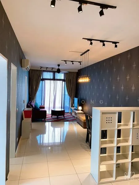 Living features: grey accent wall, white painted walls, polished tile flooring, 5-blade ceiling fan with light, recessed LED downlights, sofa in red and blue, coffee table, TV console, wall-mounted TV, area rug with geometric pattern, floor-to-ceiling windows with sheer curtains, decorative pendant light; style: modern; view: city.
