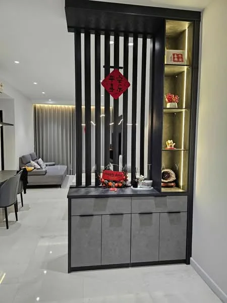 Room features: grey cabinetry with flat-panel design, black accent wall with vertical slats, white marble flooring, recessed ceiling lights, decorative shelving with warm lighting, Chinese decorative items, wall-mounted artwork, curtains with a subtle pattern; style: modern.