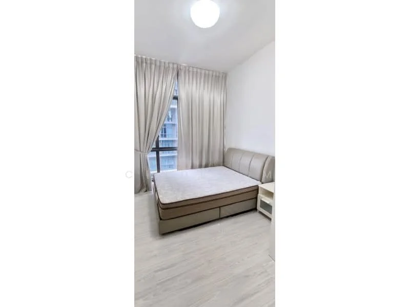 Bedroom features: queen-size bed with storage, floor-to-ceiling window, sheer curtains, light-colored walls, laminate flooring, ceiling light fixture, nightstand, built-in wardrobe; style: modern.
