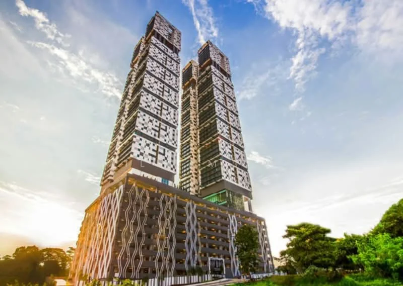 Exterior type: high-rise condominium; features: glass curtain wall, white painted facade, projecting balconies, vertical fins, manicured lawn, surrounded by mature greenery, multi-storey car park, double-volume main lobby; style: modern.