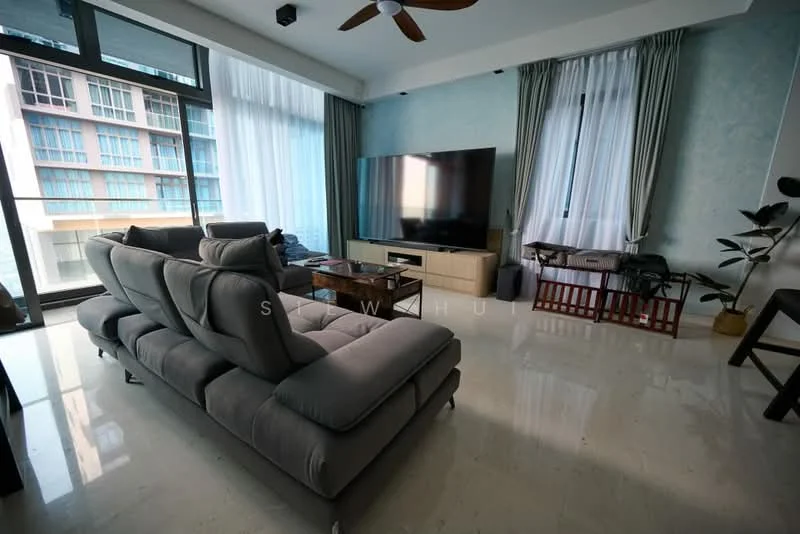 Living features: 3-seater fabric sofa in grey, coffee table, TV console, wall-mounted TV, floor-to-ceiling windows, sheer curtains, marble flooring, ceiling fan with light, decorative plant in ceramic pot, side table, area rug; style: modern; view: city.