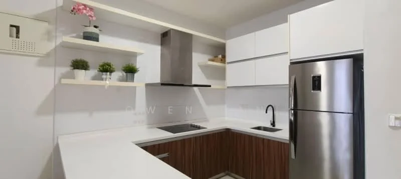 Kitchen features: white quartz countertop, wood cabinetry with brown finish, open shelving, stainless-steel fridge, stainless-steel range hood, 4-burner gas hob, single-bowl stainless-steel sink, black gooseneck faucet, white painted walls, tile flooring, recessed downlights; style: modern.
