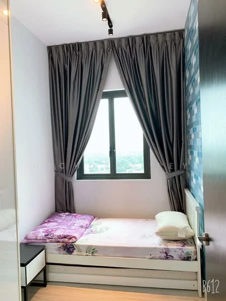 Bedroom features: single bed, purple floral bedding, white pillow, grey curtains, floor-to-ceiling window, wooden flooring, decorative wall with blue tiles, white bedside table; style: modern; view: city.