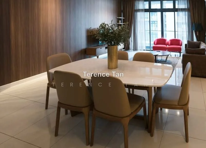 Dining features: 6-seater dining table with marble top, upholstered dining chairs in beige, wooden accent wall, large windows with sheer curtains, floor-to-ceiling windows, tile flooring, decorative plant in vase, lighting fixture above table; style: modern. Living features: 2-seater red sofa, 3-seater brown fabric sofa, coffee table, TV console, decorative wall unit, curtains, area rug; style: modern.
