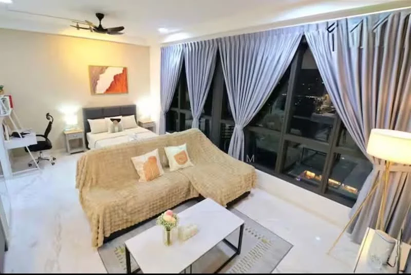 Living features: 3-seater fabric sofa in beige, coffee table, floor-to-ceiling windows, sheer curtains, blackout curtains, ceiling fan, decorative lamp, area rug with geometric pattern, wall art, marble flooring, study desk with chair, bed with upholstered headboard, bedside lamps; style: modern; view: city.