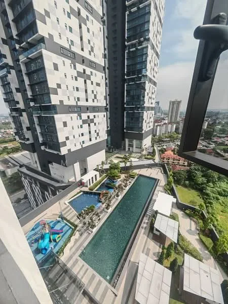Exterior type: high-rise condominium; features: glass curtain wall, recessed balconies, infinity pool, kids splash pool, pool deck with loungers, landscaped garden, outdoor dining pavilion, surrounded by mature greenery, urban context with city skyline in background; style: modern.