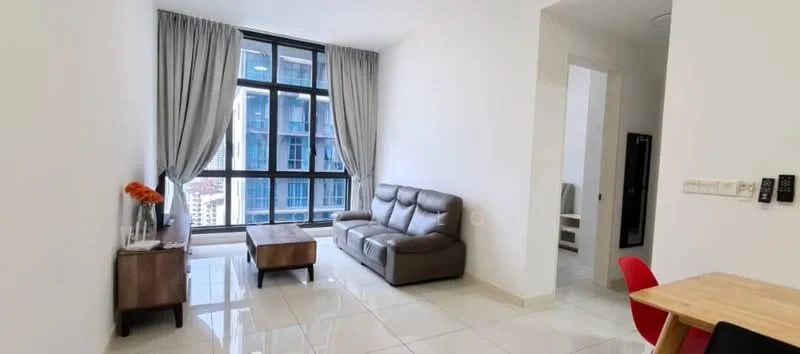 Living features: grey leather sofa, wood coffee table, floor-to-ceiling windows, sheer curtains, white painted walls, glossy tile flooring, decorative vase with flowers, wall-mounted light switches; style: modern; view: city.