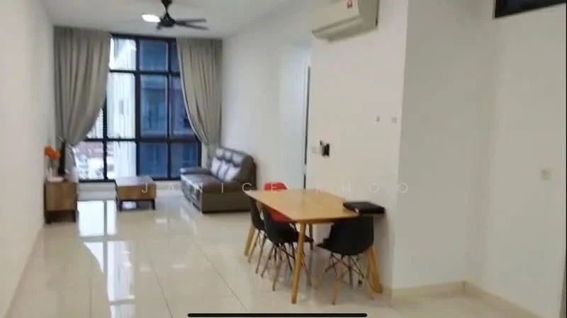 Living features: 3-seater fabric sofa in grey, wooden coffee table, 4-seater dining table, black dining chairs, floor-to-ceiling windows, sheer curtains, white painted walls, polished ceramic tile flooring, 1 wall-mounted split AC, ceiling fan, decorative wall art; style: modern; view: city.