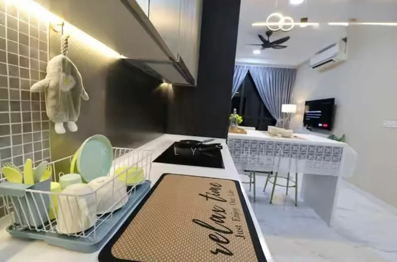 Kitchen features: white cabinetry, black countertop, stainless-steel sink, chrome pull-down faucet, built-in stove, dish rack with dishes, green utensils, decorative wall art, pendant lighting, ceiling fan, grey tiled backsplash, open shelving, marble flooring, wall-mounted air conditioning unit; style: modern.