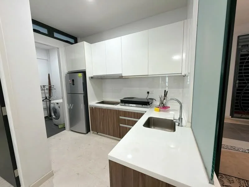 Kitchen features: white upper cabinets, brown lower cabinets, white quartz countertop, single-bowl stainless-steel sink, chrome pull-down faucet, built-in stove, stainless-steel fridge, wall-mounted microwave, tile backsplash, recessed downlights, floor-to-ceiling windows, open shelving; style: modern. Room features: washing machine.
