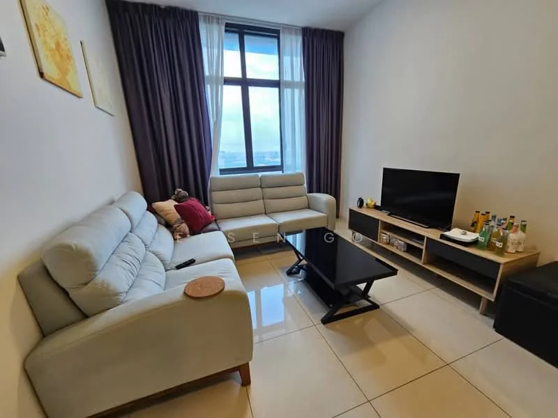 Living features: light grey fabric 3-seater sofa, light grey fabric 2-seater sofa, black coffee table, wall-mounted TV, TV console with storage, cream painted walls, floor-to-ceiling window, sheer curtains, tile flooring, decorative wall art, bottles on TV console; style: modern; view: city.