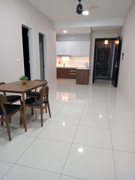 Living features: white painted walls, glossy tile flooring, 5-blade ceiling fan with light, dining table with 4 wooden chairs, kitchen cabinetry with wood finish, white upper cabinets, built-in sink, countertop with under-cabinet lighting, recessed downlights, open layout to kitchen, doorway leading to kitchen; style: modern.