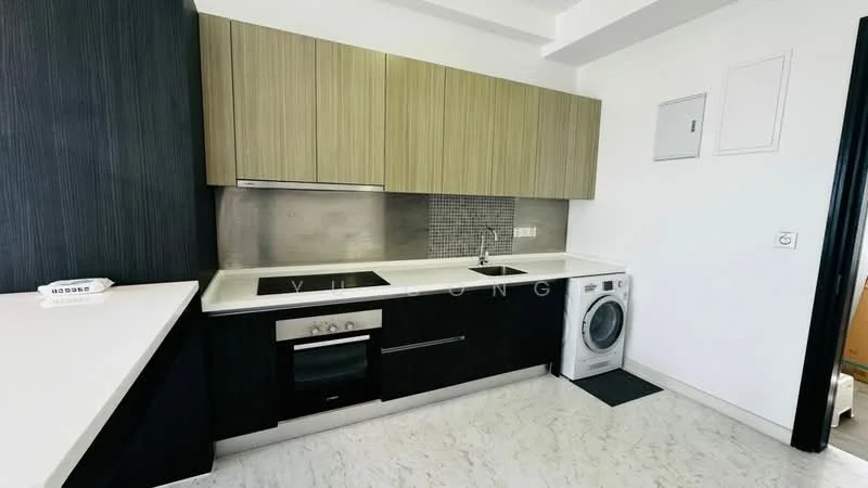 Kitchen features: white countertop, black cabinetry, wooden upper cabinets with horizontal grain, stainless-steel sink, chrome pull-down faucet, built-in oven, stainless-steel range hood, ceramic tile backsplash, front-load washing machine, marble tile flooring, recessed downlights; style: modern.