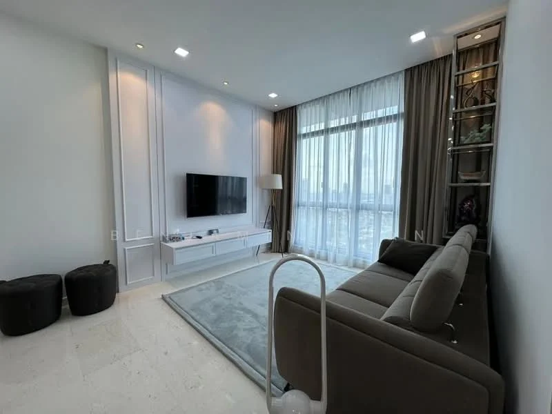 Living features: grey fabric sofa, white TV console, wall-mounted TV, recessed downlights, floor-to-ceiling windows, sheer curtains, light-coloured area rug, decorative shelving unit, two black ottomans, neutral painted walls, marble flooring; style: modern; view: city.