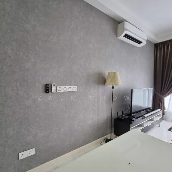 Room features: grey textured wall, wall-mounted air conditioning unit, TV console, flat-screen TV, floor lamp, curtains, light-colored flooring, control panel on wall; style: modern.