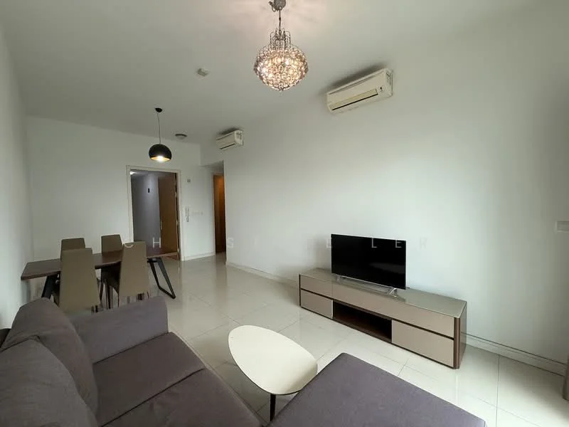 Living features: grey fabric sofa, coffee table, TV console, wall-mounted TV, dining table with four chairs, recessed downlights, 2 wall-mounted split AC units, white painted walls, glossy tile flooring, chandelier, floor-to-ceiling windows; style: modern.
