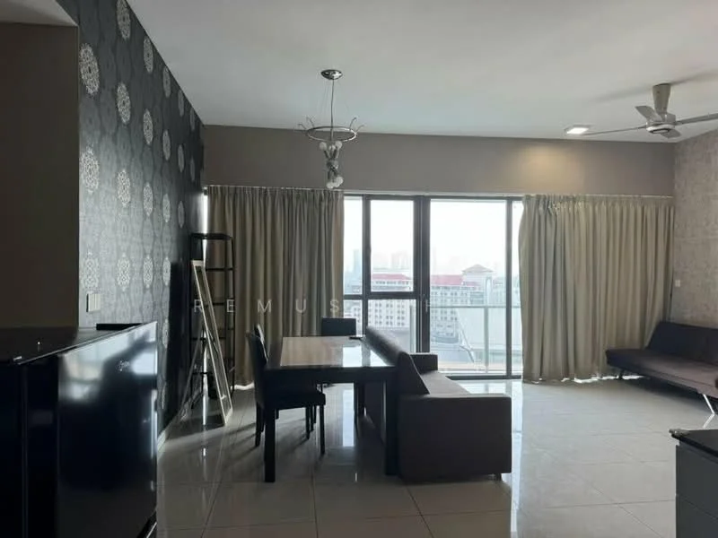 Living features: grey wallpaper with floral pattern, white painted walls, glossy tile flooring, 5-blade ceiling fan with light, chandelier, floor-to-ceiling windows, sliding glass door, curtains, dining table for 6, brown fabric sofa, TV console, wall-mounted TV, area rug; style: modern; view: city.