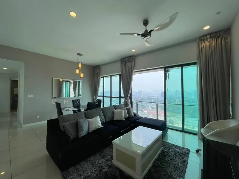 Living features: 3-seater fabric sofa in black, coffee table with white top, area rug with geometric pattern, floor-to-ceiling windows, city view, ceiling fan with light, recessed downlights, curtains, wall-mounted mirror, decorative wall art; style: modern; view: city.