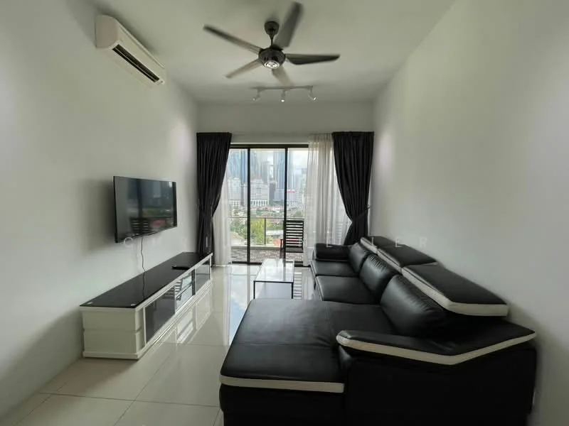 Living features: L-shape sectional sofa in black with white trim, wall-mounted TV, TV console in white, floor-to-ceiling windows, blackout curtains, 5-blade ceiling fan, recessed downlights, glossy tile flooring, city skyline view; style: modern; view: city.